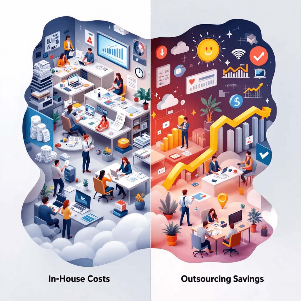 A split-screen infographic contrasting the high expenses of in-house video production with the streamlined, cost-saving benefits of video editing outsource
Caption:
This graphic visually contrasts cluttered, expensive in-house production against efficient, cost-effective outsourcing—highlighting significant savings and improved workflow.
Description:
The image is divided into two halves. On the left, labeled "In-House Costs," a busy office scene shows overcrowded workspaces with stacks of paperwork, stressed employees, and expensive equipment symbols, representing high operational expenses. On the right, labeled "Outsourcing Savings," a sleek, modern environment with relaxed professionals, smart technology, and clear icons for reduced costs and efficiency underscores the financial advantages of outsourcing video production and motion graphics services. This visual comparison effectively emphasizes how shifting to outsourced solutions can lower costs and optimize business operations.