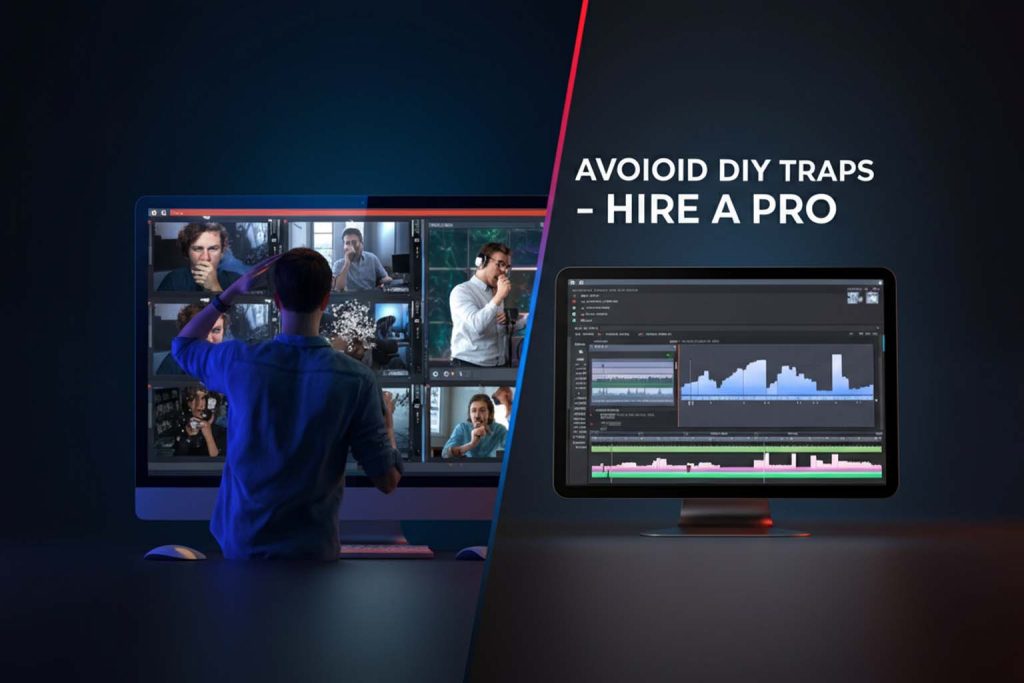Split-screen image showing a cluttered DIY editing interface on the left and a sleek, modern editing suite on the right, symbolizing the transformation achieved with a skilled video editor for hire.