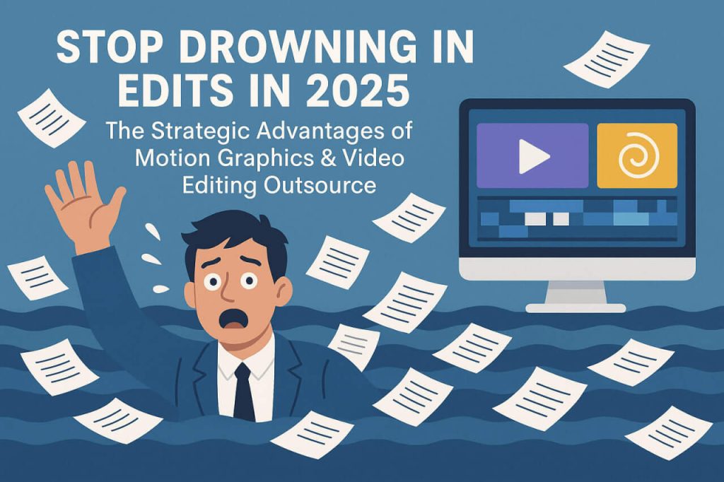 Overwhelmed businessman drowning in paperwork next to video editing software screen, symbolizing benefits of outsourcing video production and motion graphics