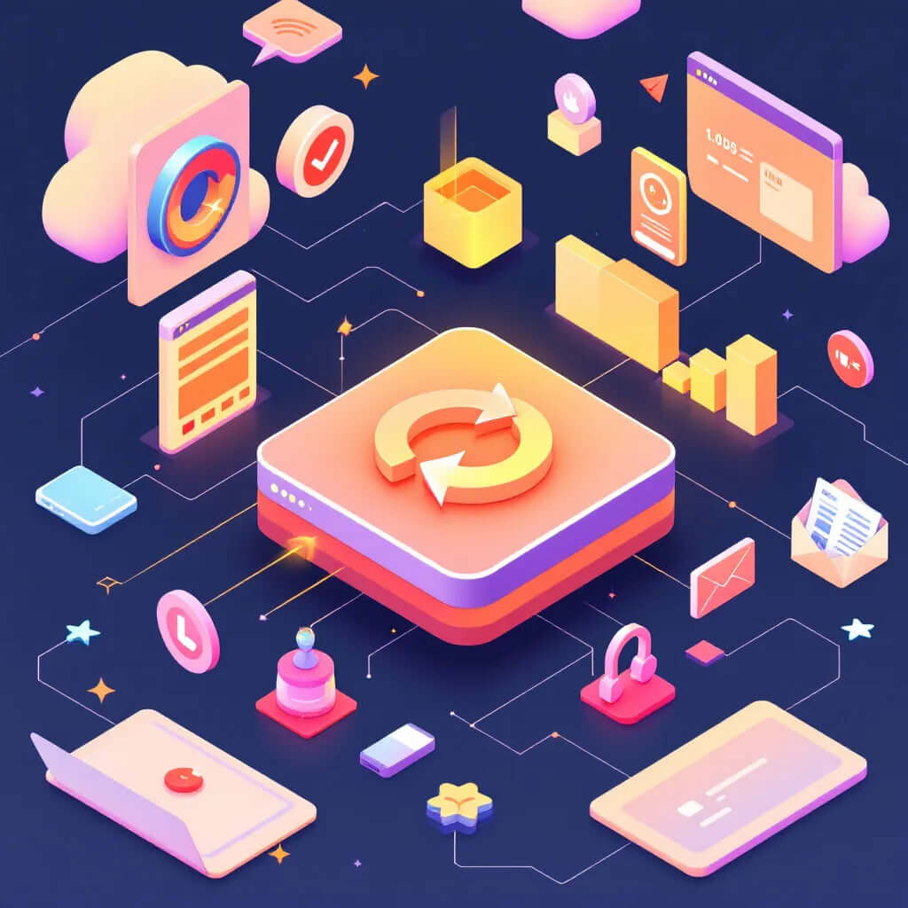 Isometric illustration showing a central looping graphic connected to simplified representations of a website header, mobile app screen, social media post, and email signature, showcasing the versatility of looping animations.