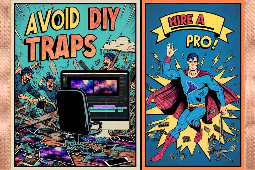 Comic-style illustration contrasting a cluttered DIY editing setup with a superhero figure representing a video editor for hire, efficiently orchestrating a corporate production video.