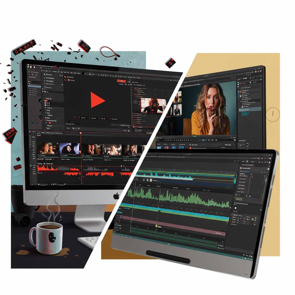 A split-screen thumbnail illustrating the contrast between chaotic DIY video editing with glitch effects, error messages, and spilled coffee on the left, and a sleek, organized interface on the right that symbolizes a professional approach—highlighting the capabilities of a video editor for hire.