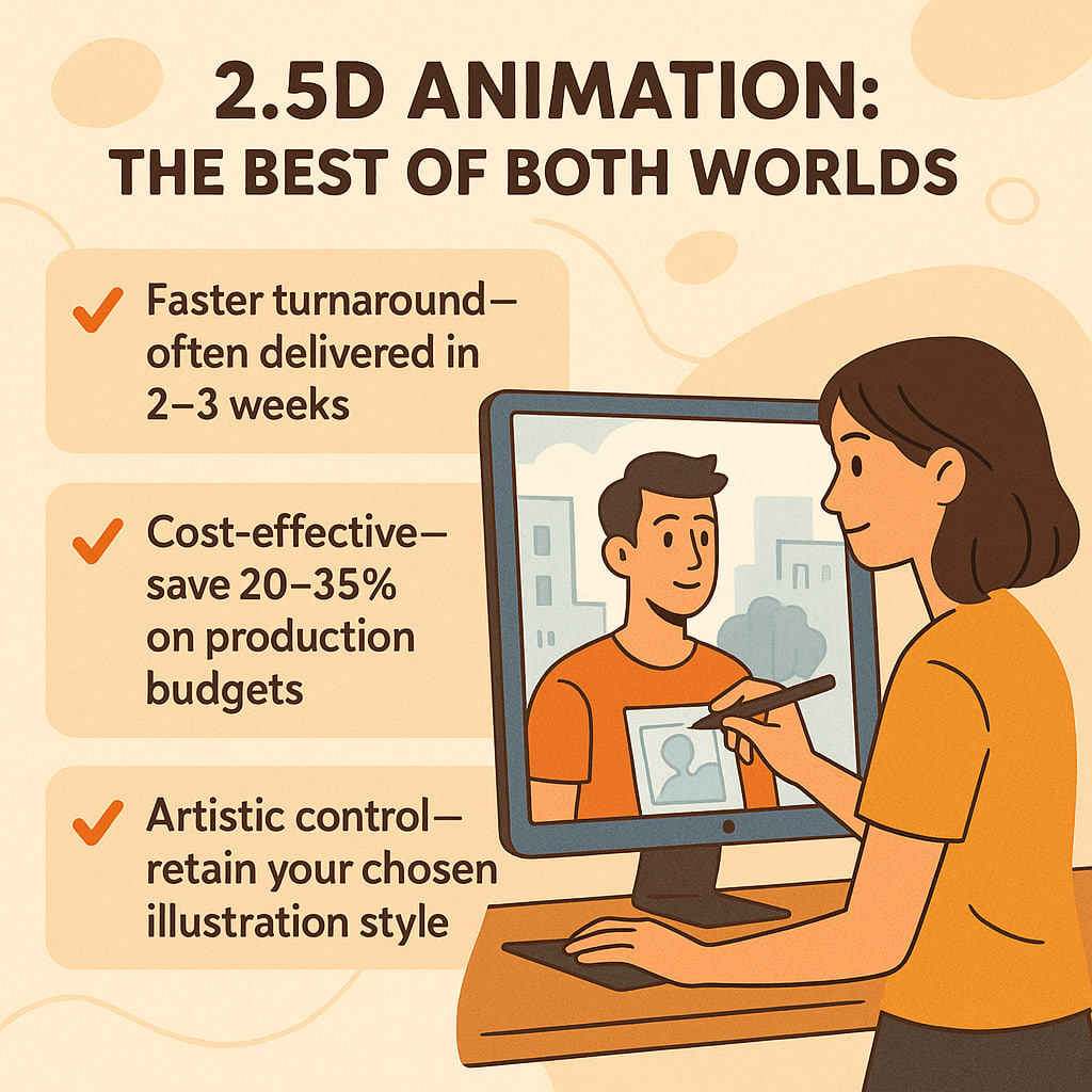 Illustration of a female artist creating 2.5D animation on a digital tablet with key benefits listed: faster turnaround, cost-effective production, and artistic control.