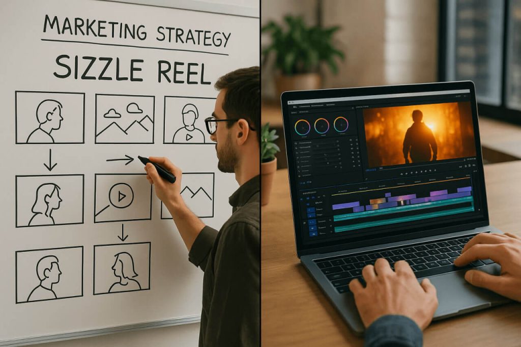 Creative marketer planning a sizzle reel strategy alongside video editing software for video advertising.