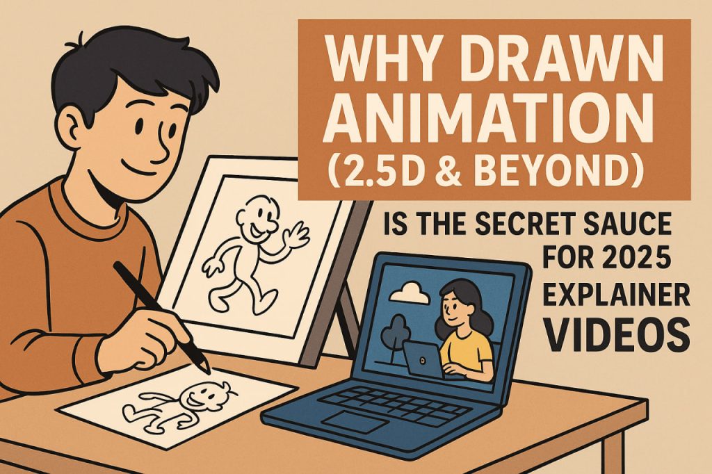 Illustrator sketching a cartoon character next to a 2.5D animation scene on a laptop with text promoting explainer videos for 2025.